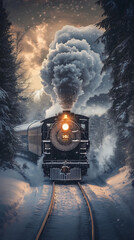 A vintage steam train chugging through a serene snowy landscape