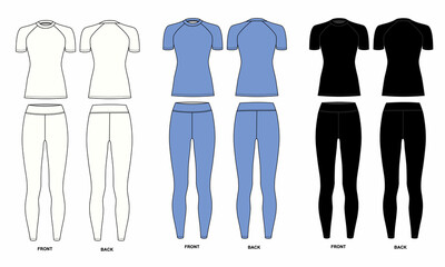A collection of sportswear for girls for yoga, fitness, combat sports, cycling, running. Template of short sleeve rashguard and loosies, front and back view. T-shirt and elastic pants drawing.