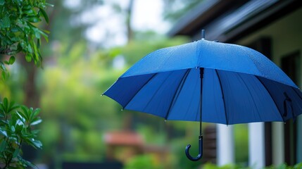 Home Insurance Protection. Blue Umbrella Shielding House from Storm and Rain