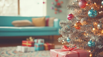 Retro 1960s Living Room with Christmas Tree, Vintage Furniture and Festive Decorations. Holiday Celebration