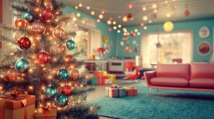 Retro 1960s Living Room with Christmas Tree, Vintage Furniture and Festive Decorations. Holiday Celebration