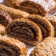 An extreme close-up of Polish Christmas Eve pastries, highlighting the texture and decoration of traditional sweets like pierniki (gingerbread) and makowiec (poppy seed roll) on a flatlay surface