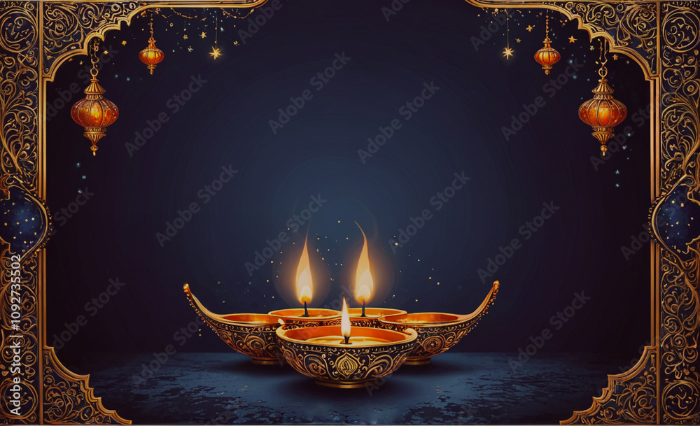 Poster Blue background with gold decorations and three lit candles. The candles are in a row and are lit, creating a warm and inviting atmosphere. The candles are placed in three different bowls