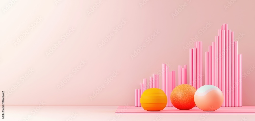 Poster seo relevance concept. a minimalist design featuring three colorful spheres and pink bars, set again