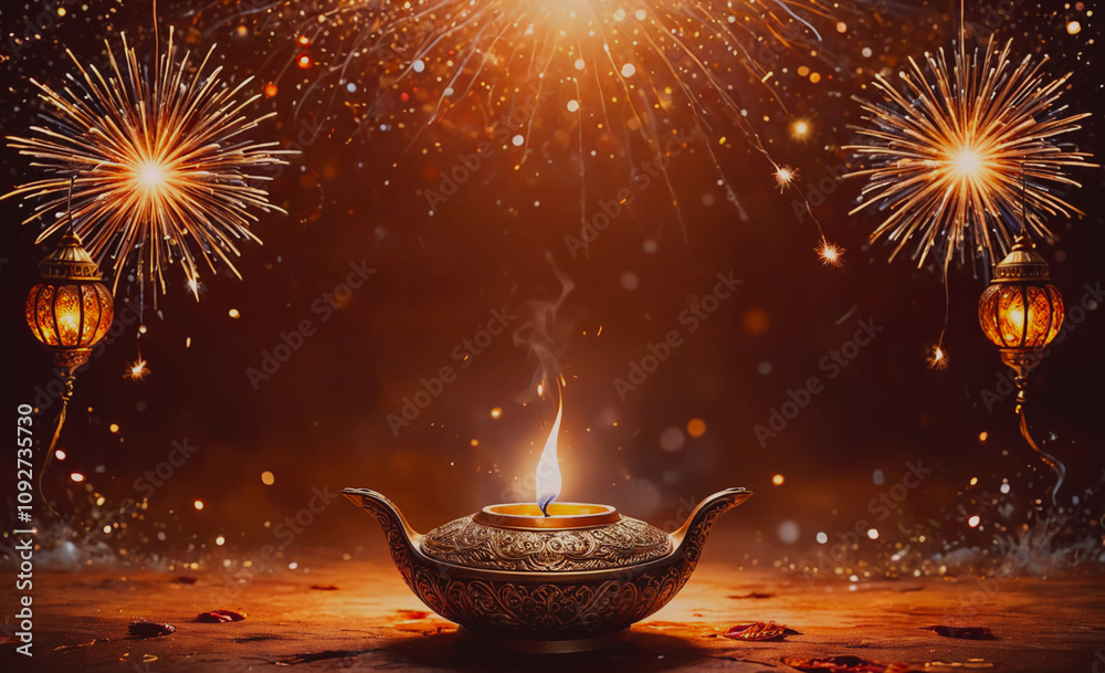 Poster lit candle in a gold lantern sits on a table. the table is covered in glitter and the candle is surr
