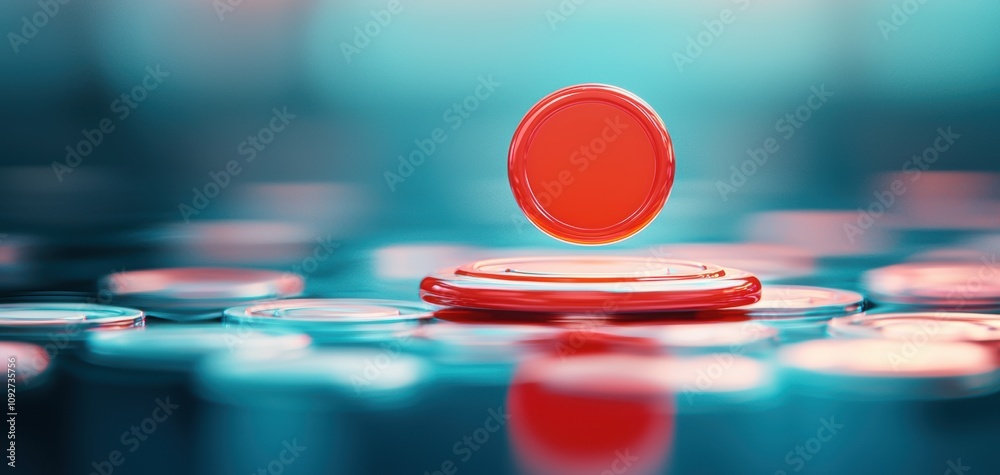 Poster seo relevance concept. a vibrant red coin hovers above a stack of similar coins, capturing a sense o