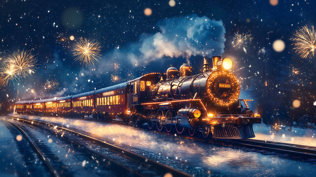 A vintage steam train chugging through a serene snowy landscape