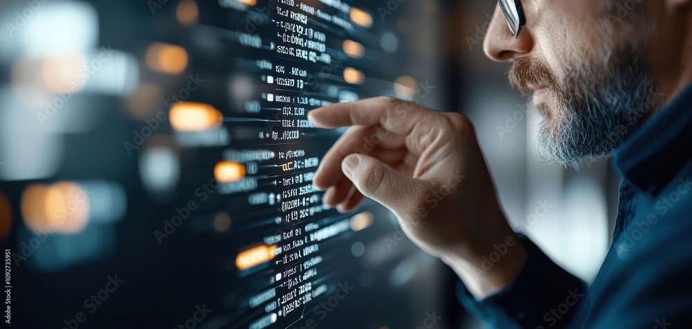 Poster SEO relevance concept. A focused individual interacts with a digital interface, analyzing data streams and code, showcasing technology's impact on modern work.