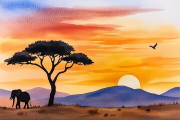 A watercolor painting of a safari sunset with acacia trees, elephants, and golden hues blending into the horizon