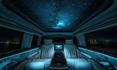 Luxurious car interior with a starry sky ceiling and ambient lighting.