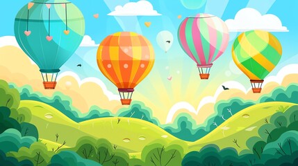 Naklejka premium A cartoon illustration of hot air balloons flying over a green landscape.