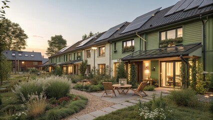 Eco-friendly townhouse with solar panels and lush greenery