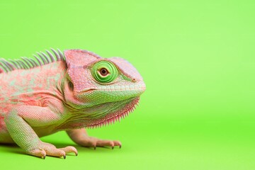 Vibrant Pink Chameleon on Bright Green Background – Unique Reptile Close-Up Photography