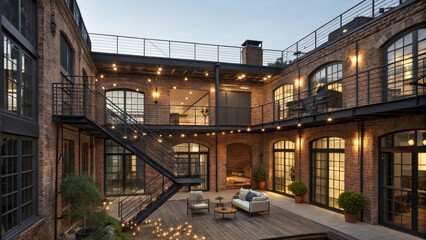 Industrial chic triplex with exposed brick walls and outdoor seating