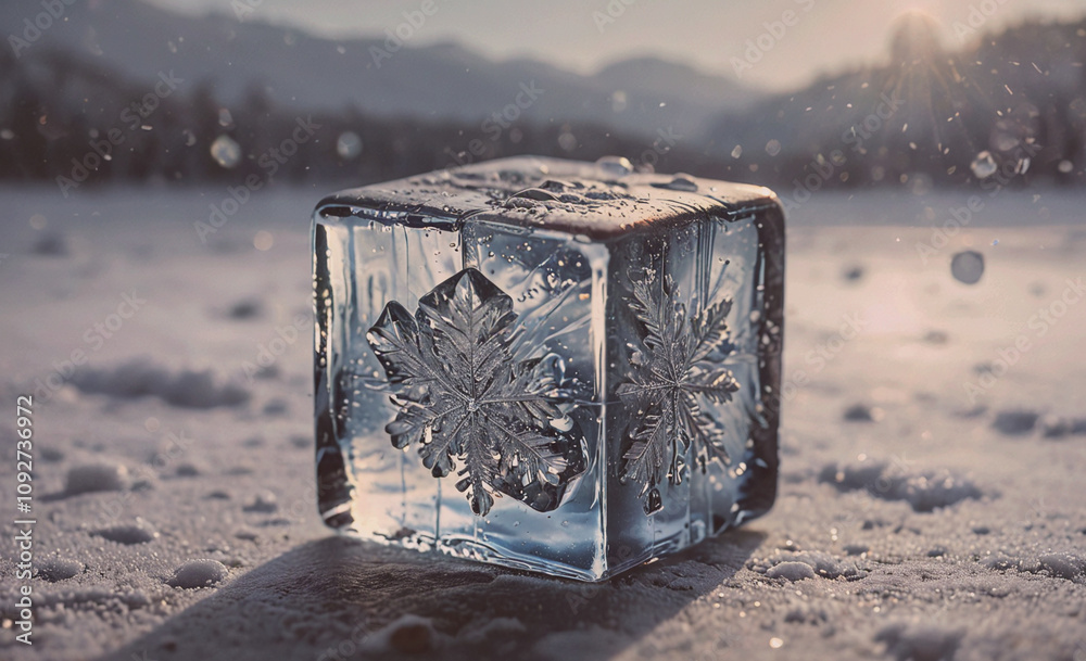 Poster Cube of ice with snowflakes on it. The snowflakes are in the shape of leaves