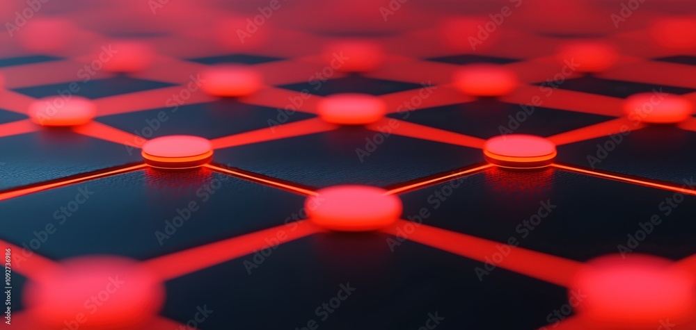 Poster SEO relevance concept. A futuristic, abstract design featuring a hexagonal grid pattern with glowing red dots on a dark background.