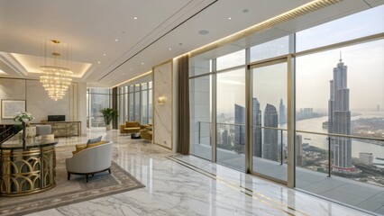 Fototapeta premium Luxury high-rise apartment interior with stunning city skyline views