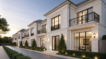 Modern minimalist townhouse with symmetrical design and landscaping