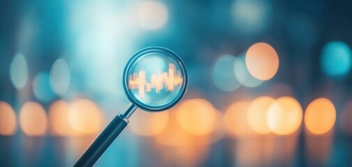 SEO relevance concept. A magnifying glass focuses on data visualization, highlighting trends against a blurred, colorful background, symbolizing analysis and discovery.