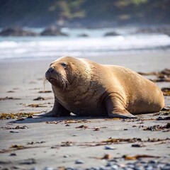 Naklejka premium a closeup shot of a brown seal on the sandy beach with a sea lion