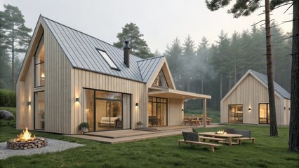 Obraz premium Scandinavian-inspired triplex with wooden exterior in forest setting
