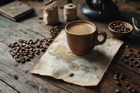 Brewing coffee in a rustic ceramic cup kitchen table photography cozy environment close-up origin of flavor