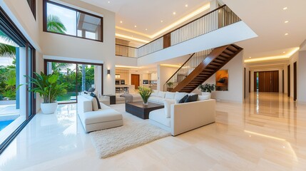 Luxurious Modern Living Room with Open Staircase and Pool View Interior Design