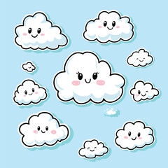 Smiling Cartoon Clouds on a Light Blue Background
