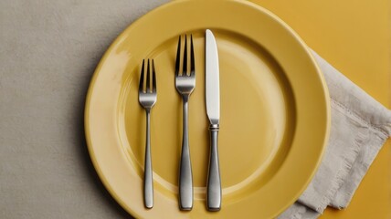 Minimal macro photography of white plate with fork and knife on yellow background