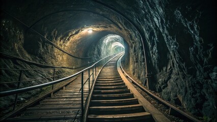 Fototapeta premium Long winding staircase spiraling through a hidden underground tunnel, spiral, staircase, tunnel, long
