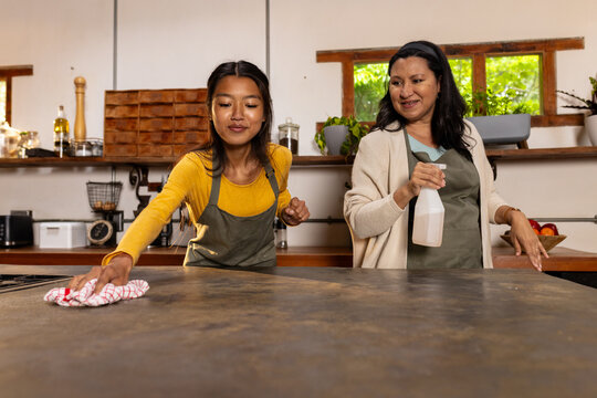 Asian female teenager cleaning kitchen counter with grandmother, at home