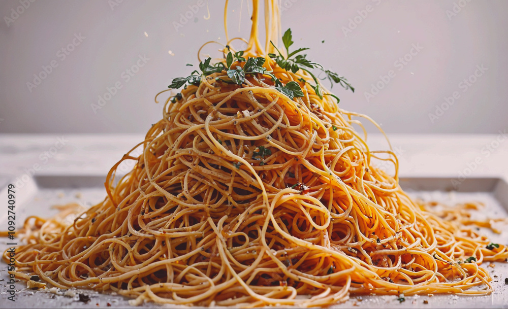 Poster pile of spaghetti with parsley on top. the spaghetti is piled high and is covered in parsley