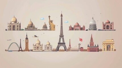 A cartoon-style illustration of various famous landmarks from around the world.