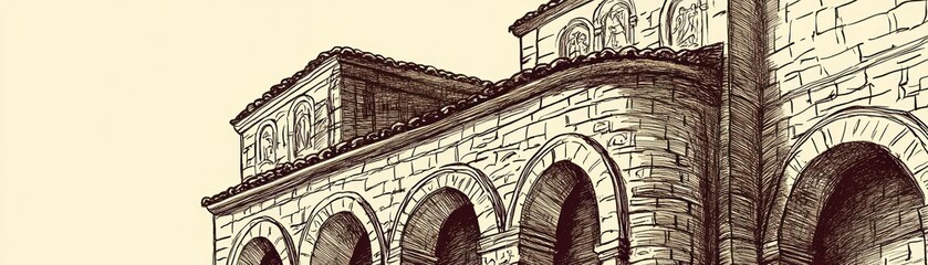 Obraz premium Detailed architectural illustration of a historical building with arches and stonework.