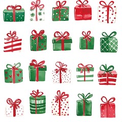 Watercolor illustration of twenty Christmas presents in red and green with various patterns.