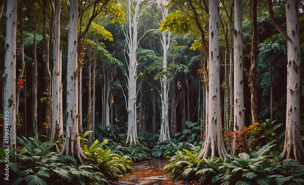 Poster Forest with trees and plants. The trees are mostly white. There is a path in the middle of the forest