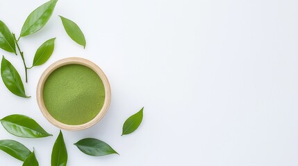 Matcha Green Tea Powder with Fresh Leaves on White Background