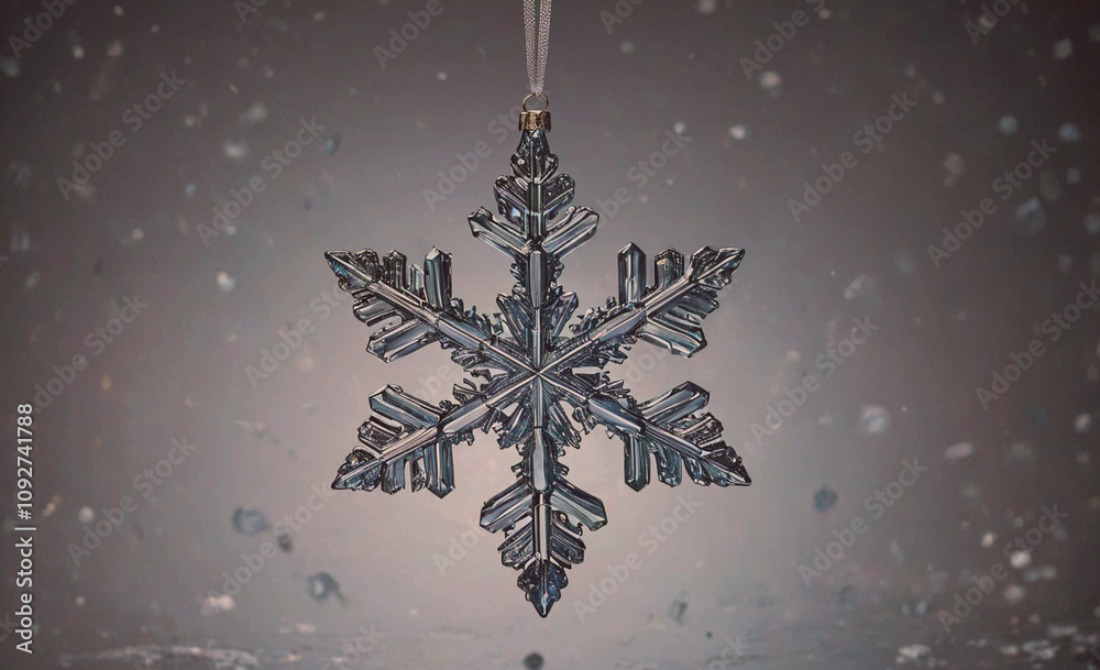 Aufkleber Snowflake ornament hanging from a string. The snowflake is made of metal and has a shiny surface