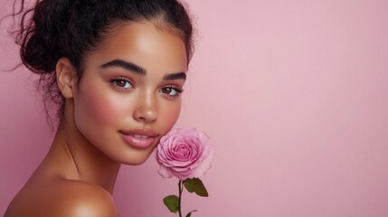 A woman reflects strength and elegance, holding a pink rose against a soft pink background while celebrating International Women's Day with grace