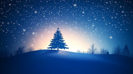 Serene Winter Night with Snowy Christmas Tree and Starry Sky Background