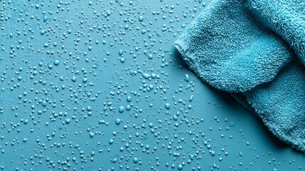 A blue towel on a turquoise surface with water droplets scattered across it.