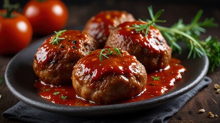 Delicious fresh cutlets or meatballs with spices, herbs and tomato sauce