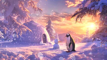 A snowy scene with a penguin standing near an igloo and a snowman under a glowing winter sunset. Seamless looping 4K time-lapse animation video background. - Powered by Adobe