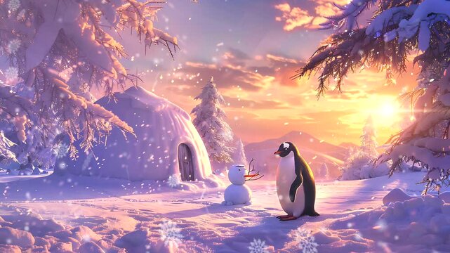 A snowy scene with a penguin standing near an igloo and a snowman under a glowing winter sunset. Seamless looping 4K time-lapse animation video background.