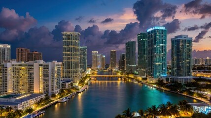 Fototapeta premium Evening urban landscape of downtown district of Miami Brickell in Florida, USA
