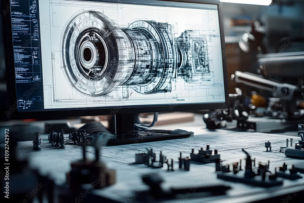 Poster close up of engineer s computer displaying intricate 3d mechanical design and blueprints