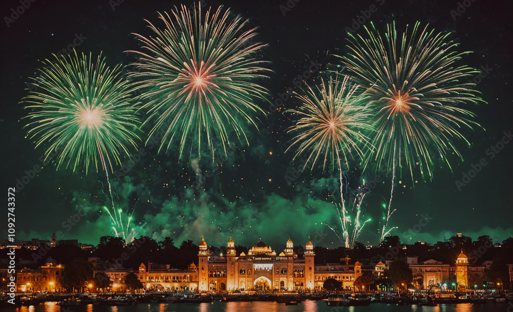 Poster city with a large building lit up with fireworks. the fireworks are green and red
