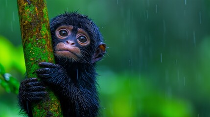 Young Monkey Clinging to Tree in Rainforest Downpour, Vibrant Wildlife Photography
