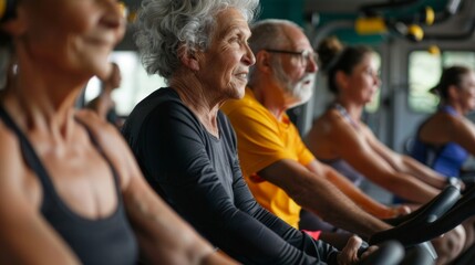 Elderly group exercising at gym on stationary bikes, showing commitment to active lifestyle. Positive atmosphere highlights age not limiting health and wellness.
