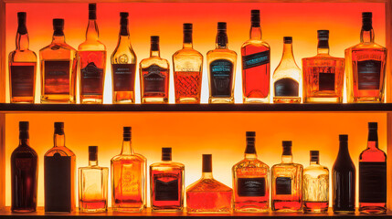 Many alcohol bottles on shelves in a bar, red illumination